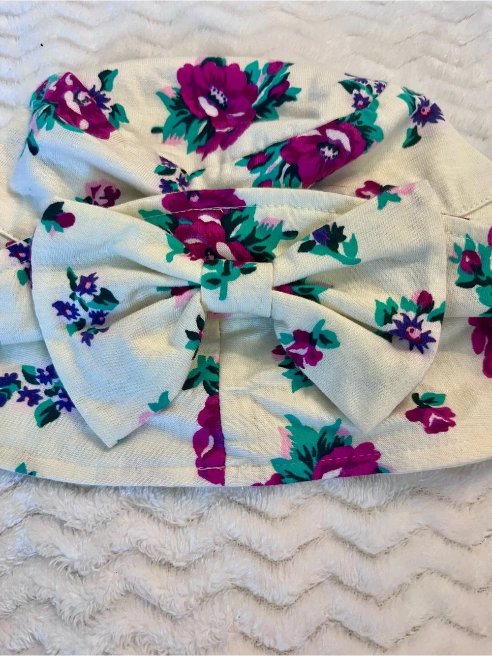 Vintage Floral Bow Sun Hat for Kids - Ivory with Magenta & Teal Flowers